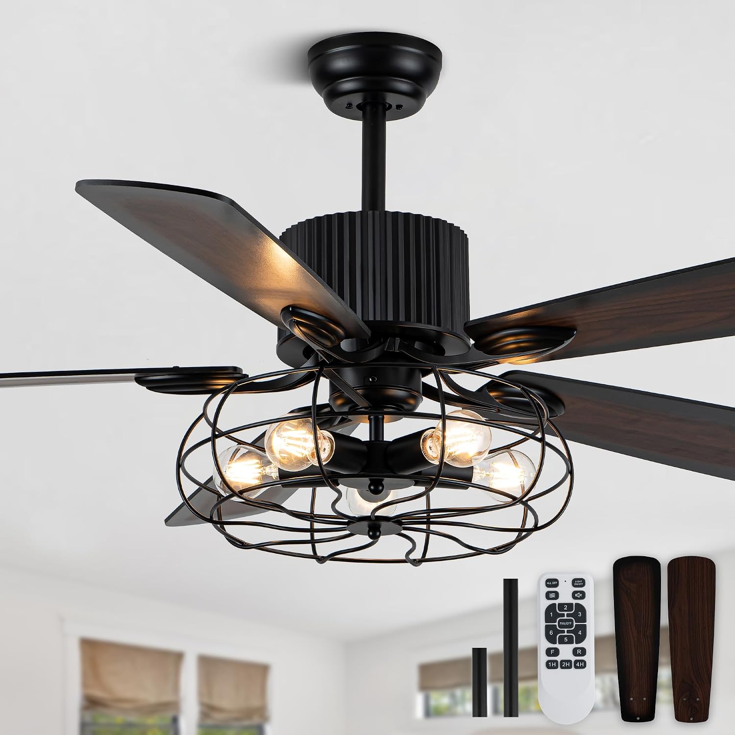 52'' Industrial Ceiling Fan with Light,5 Blades DC Motor Farmhouse Cage Ceiling Fan,6 Speed Reversible Quiet Ceiling Fan with Remote Control for Living Room Bedroom Dining Room