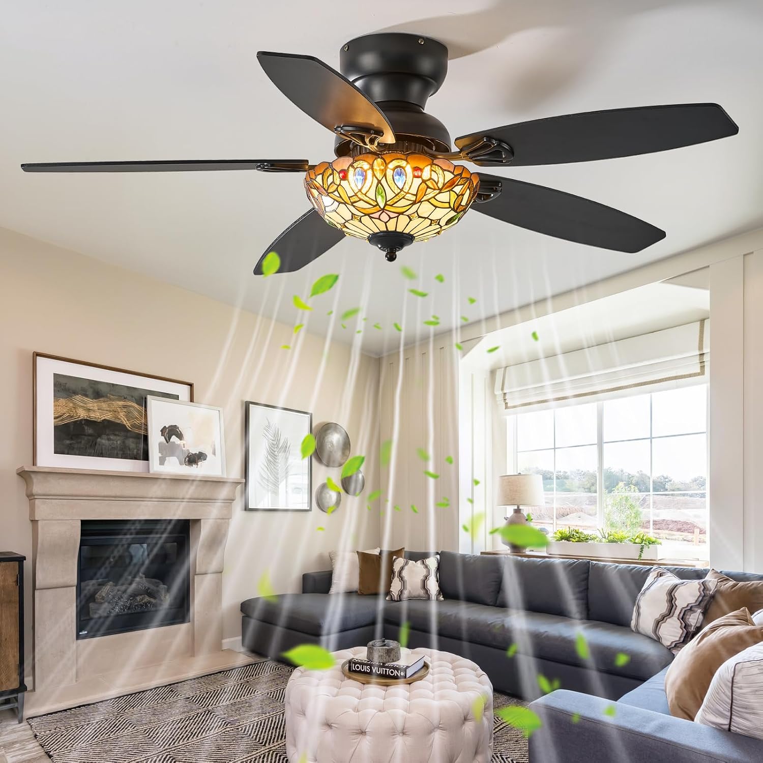 Tiffany Ceiling Fans with Lights - 48' Ceiling Fan Chandelier with 5 Dual-Blades and Glass Shade, 6 Speeds and Reversible, Indoor and Outdoor, Retro Style