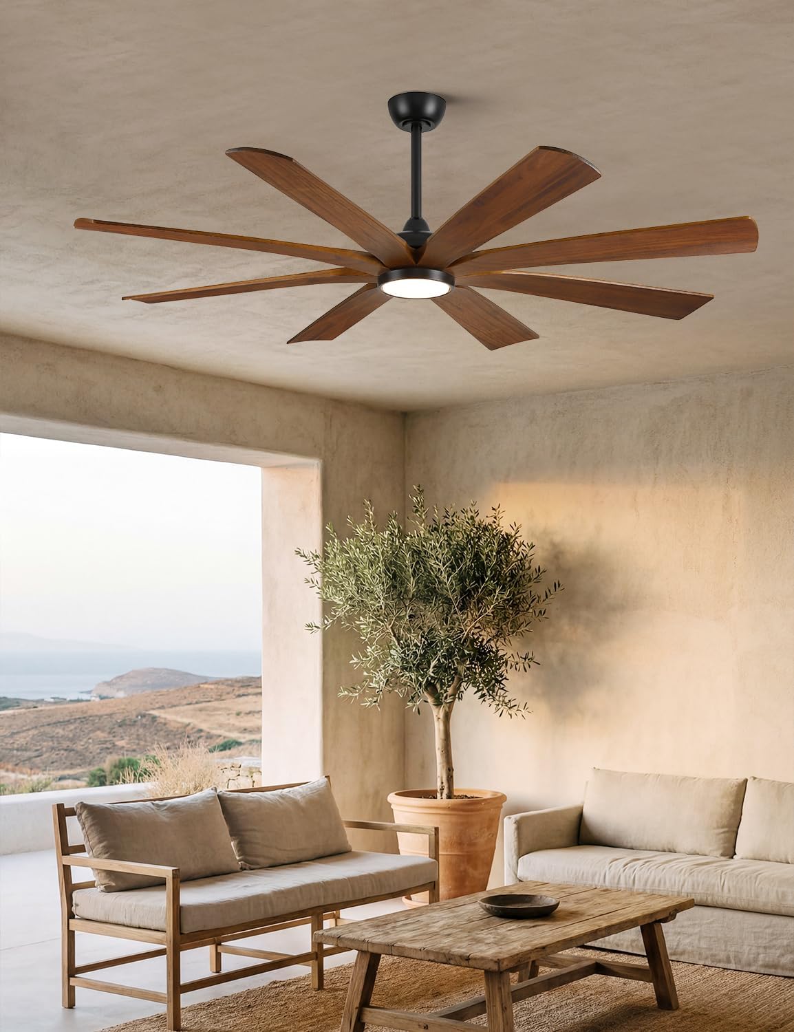 65 Inch Smart Outdoor Ceiling Fan with Lights, Alexa/App/Remote Control, 8 Solid Wood Walnut Blades Damp Rated, High 9876 CFM Quiet DC Motor, Farmhouse Style for Large Room Exterior Gazebo Patio