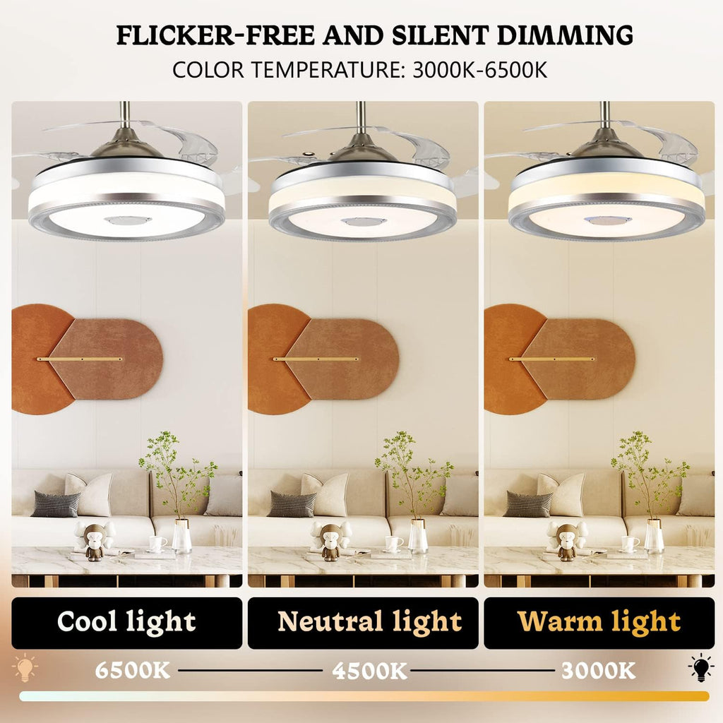 42' Modern Retractable Bluetooth Ceiling Fans with Lights and Remote Control, Invisible Chandelier Fan Lighting with Speaker Play Music 7 Colorful Dimmable Fixture for Bedroom/Living/Room