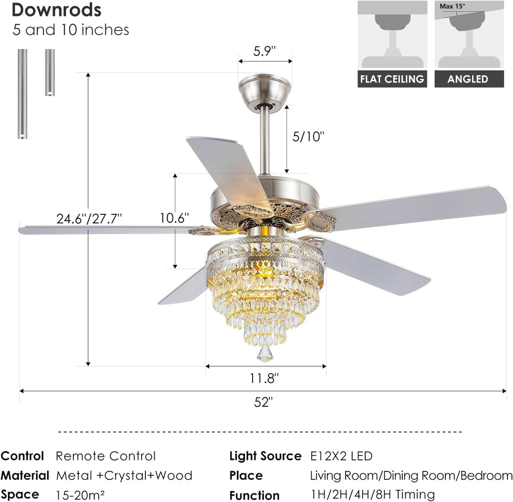Asyko Crystal Ceiling Fan Fandelier with Lights and Remote Control，52' Modern Silver Chandelier Ceiling Fans with Reversible Blades, Silent Motor，Fandelier Ceiling Fan with Light Chrome