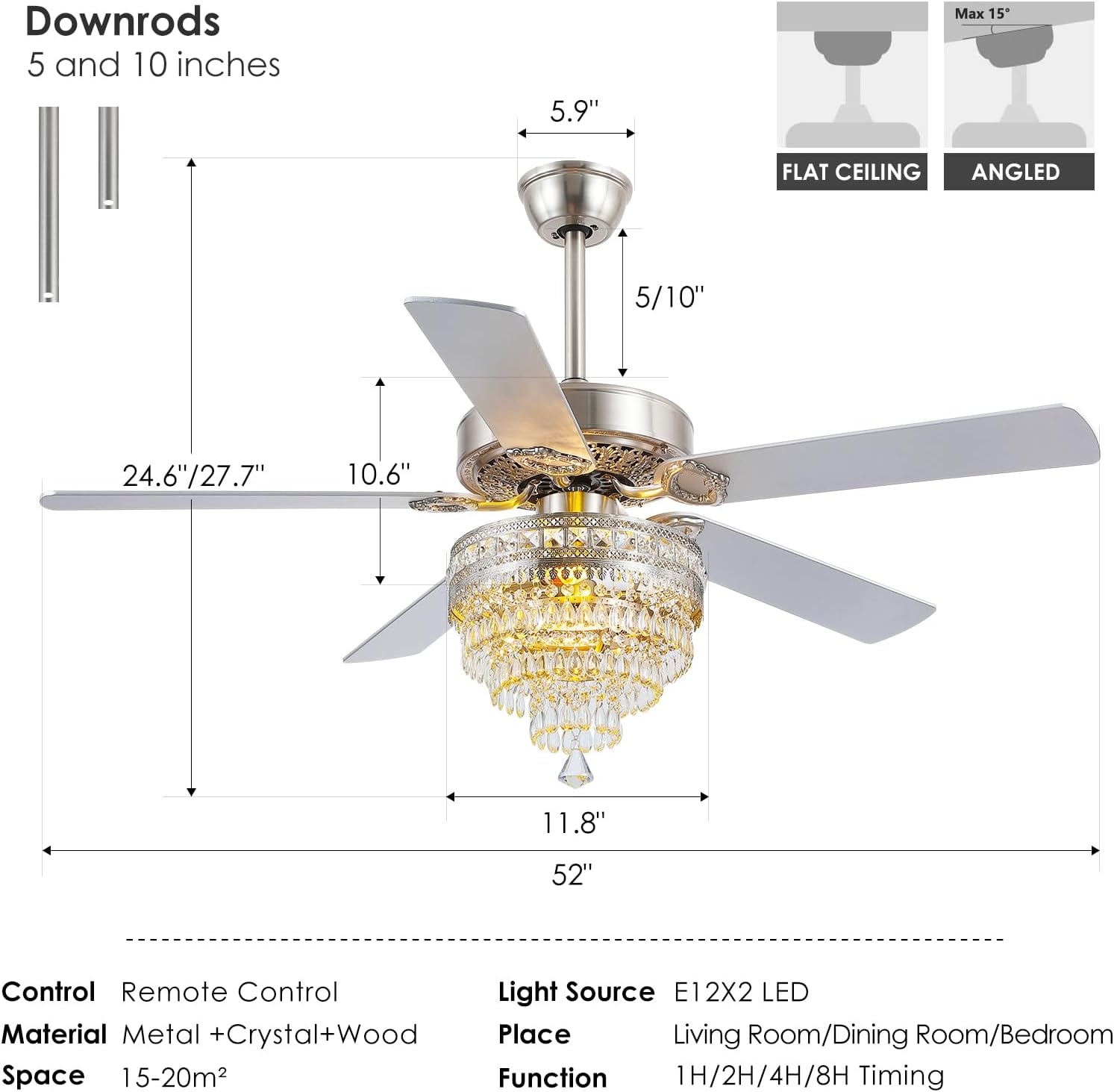 Asyko Crystal Ceiling Fan Fandelier with Lights and Remote Control，52' Modern Silver Chandelier Ceiling Fans with Reversible Blades, Silent Motor，Fandelier Ceiling Fan with Light Chrome
