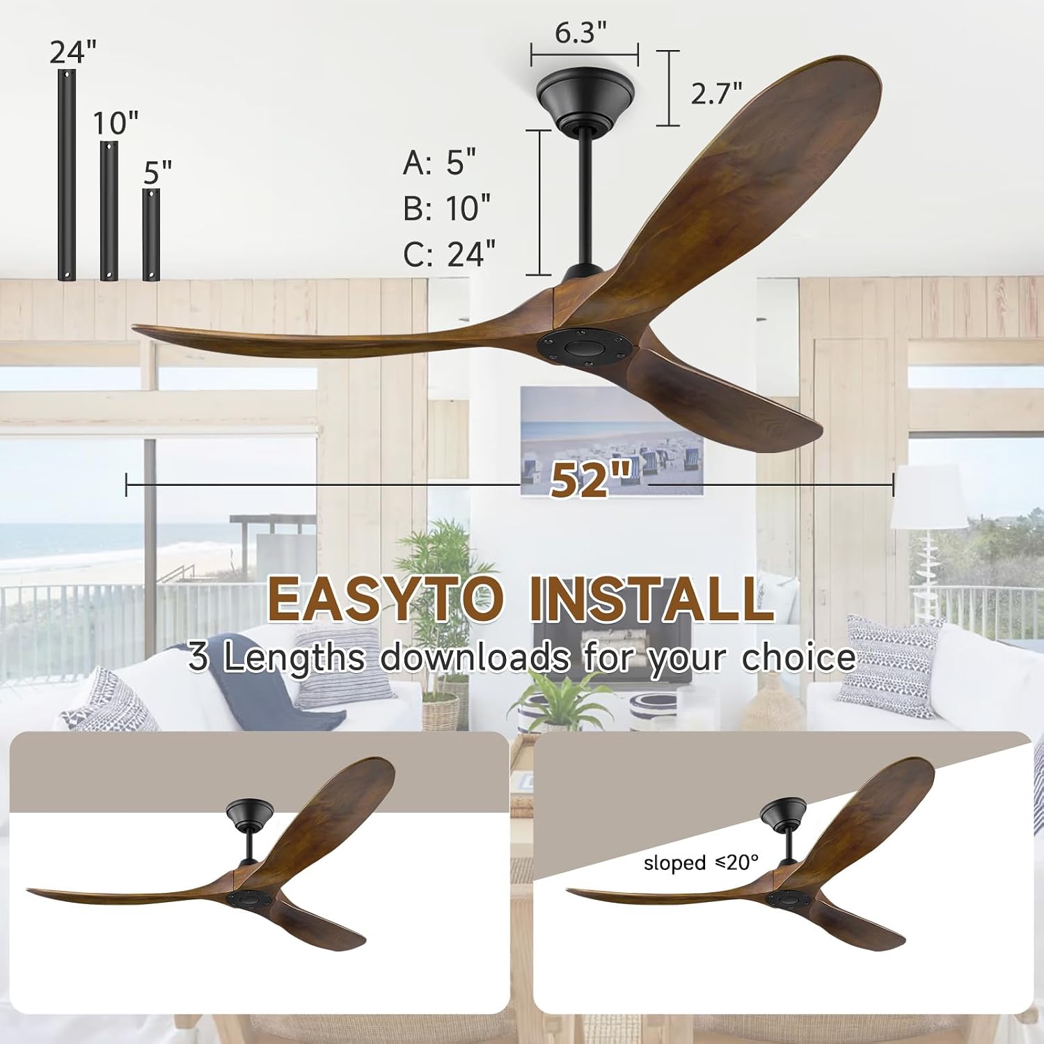 52 Inch Ceiling Fans without Light, Outdoor Ceiling Fans for Patios with Remote Control, 3 Propeller Blade, Quiet Reversible DC Motor, Large Airflow Wood Ceiling Fan for Exterior Porch