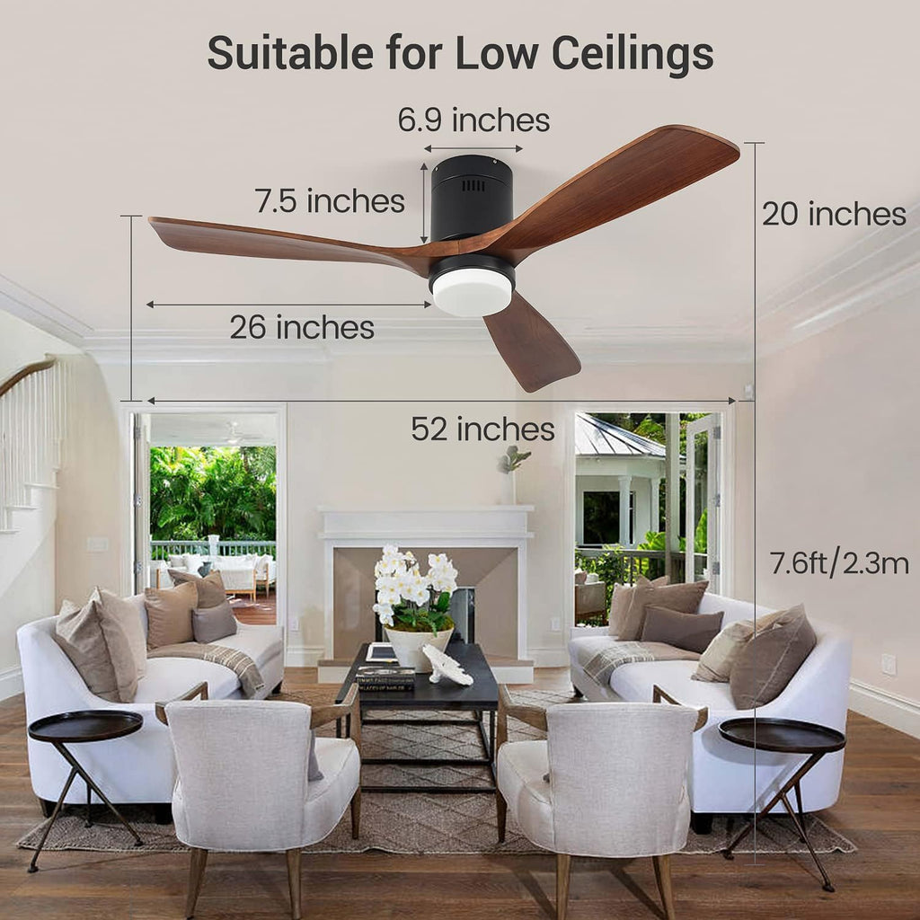 Ceiling Fans with Lights, 52' Wood Ceiling Fan with Remote Control, 3 Walnut Fan Blades Reversible Quiet DC Motor 6 Speeds Timing Farmhouse Ceiling Fan for Bedroom/Living Room/Study/Porch