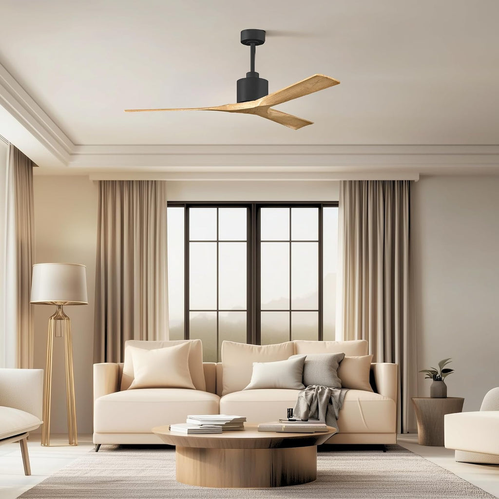 Matthews NK-BK-LM-60 Nan Damp Rated 60' Ceiling Fan with Remote and Wall Control, 3 Solid Wood Blades, Silent DC Motor, Matte Black with Light Maple Tone