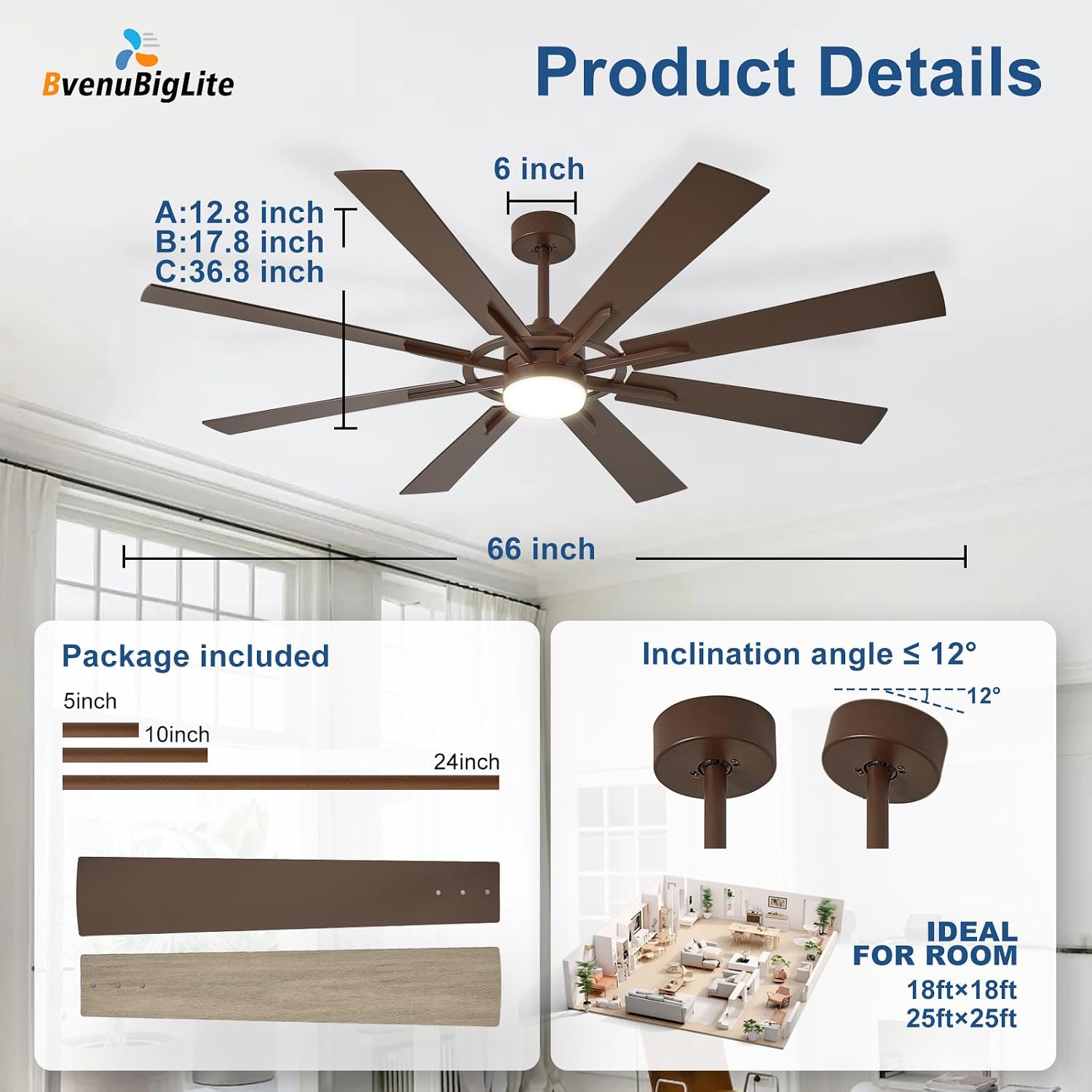 Large Ceiling Fans with Lights: Modern 66 Inch 8 Blade Outdoor Ceiling Fan with Remote APP Control - Dimmable Brown Big Fan light Indoor Reversible 6 Speed Quiet DC Motor