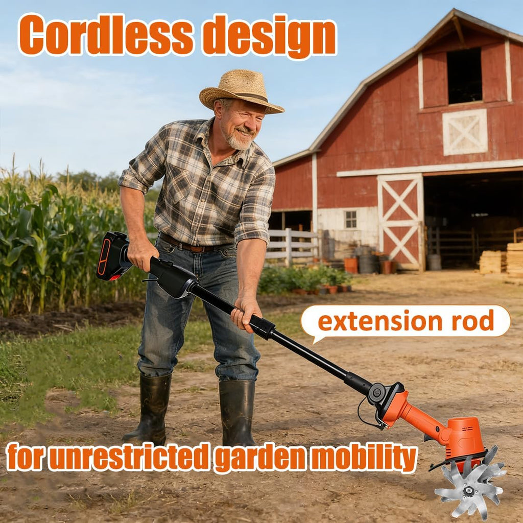 21V Cordless Mini Tiller Cultivator, 400RPM Cultivators for Gardening & Composting with 48 Steel Tines&Dual Batteries,9'Tilling Width and 6.7'Depth Garden Weeders and Cultivators (Tiller-2 batteries)