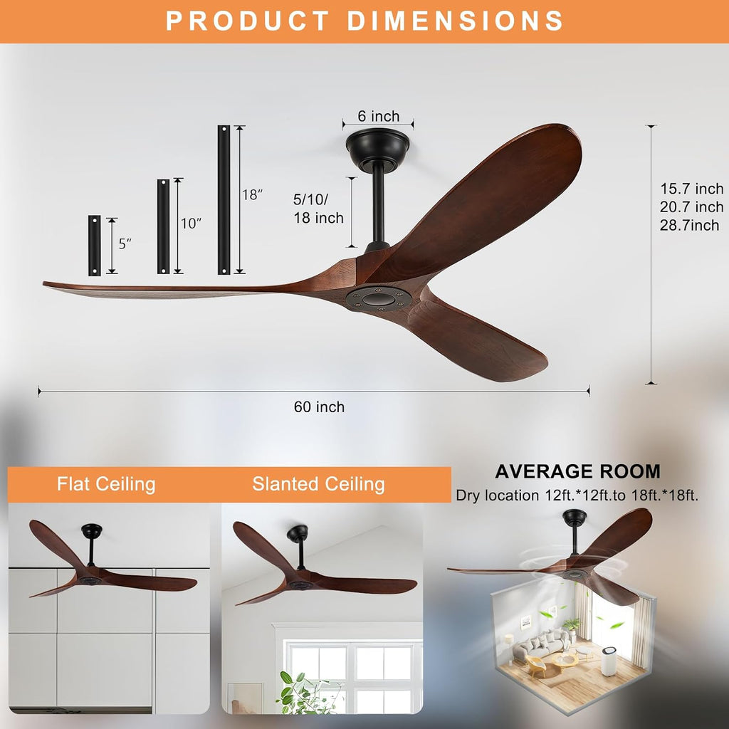 Outdoor Ceiling Fan No Light,Wood Propeller with Large Airflow,Quiet and Speed Memory,60 Inch Ceiling Fan without Light for Living Room,Garage,Porch. (Dark Walnut, 60 inch)