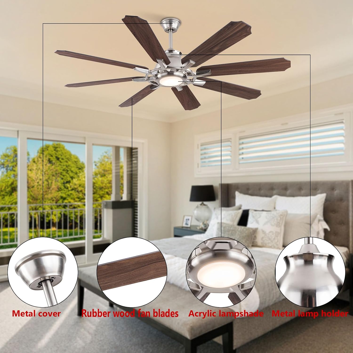 Ceiling Fans with Lights, 60 Inch Modern Low Profile Ceiling Fan with Remote Control 6 Speeds, 3000-6000K Dimmable Timing (1/2/4 hours) 8 Blades Large Ceiling Fan for Indoor and Outdoor Bedroom Patios