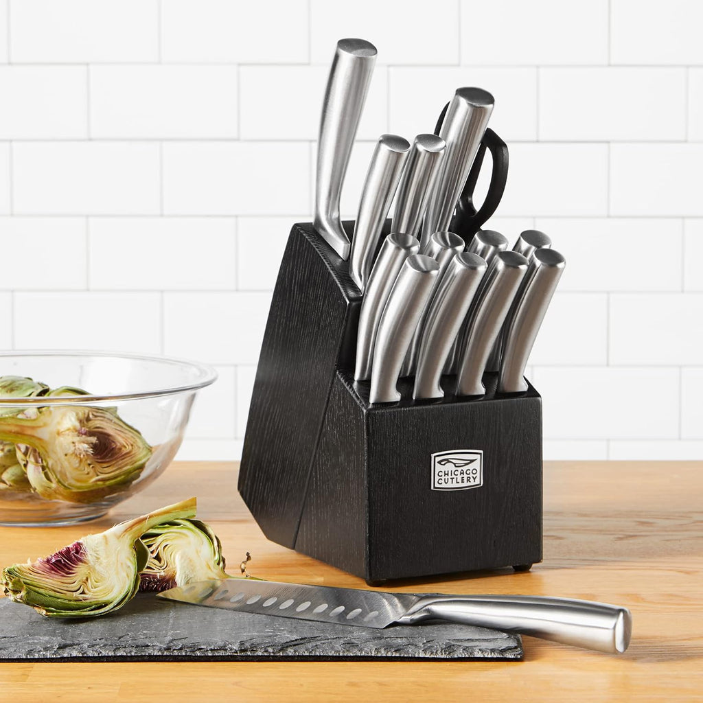 Chicago Cutlery Malden (16-PC) Kitchen Knife Block Set With Wooden Block & Built-In Sharpener, Contoured Handles and Sharp Stainless Steel Professional Chef Knife Set & Scissors