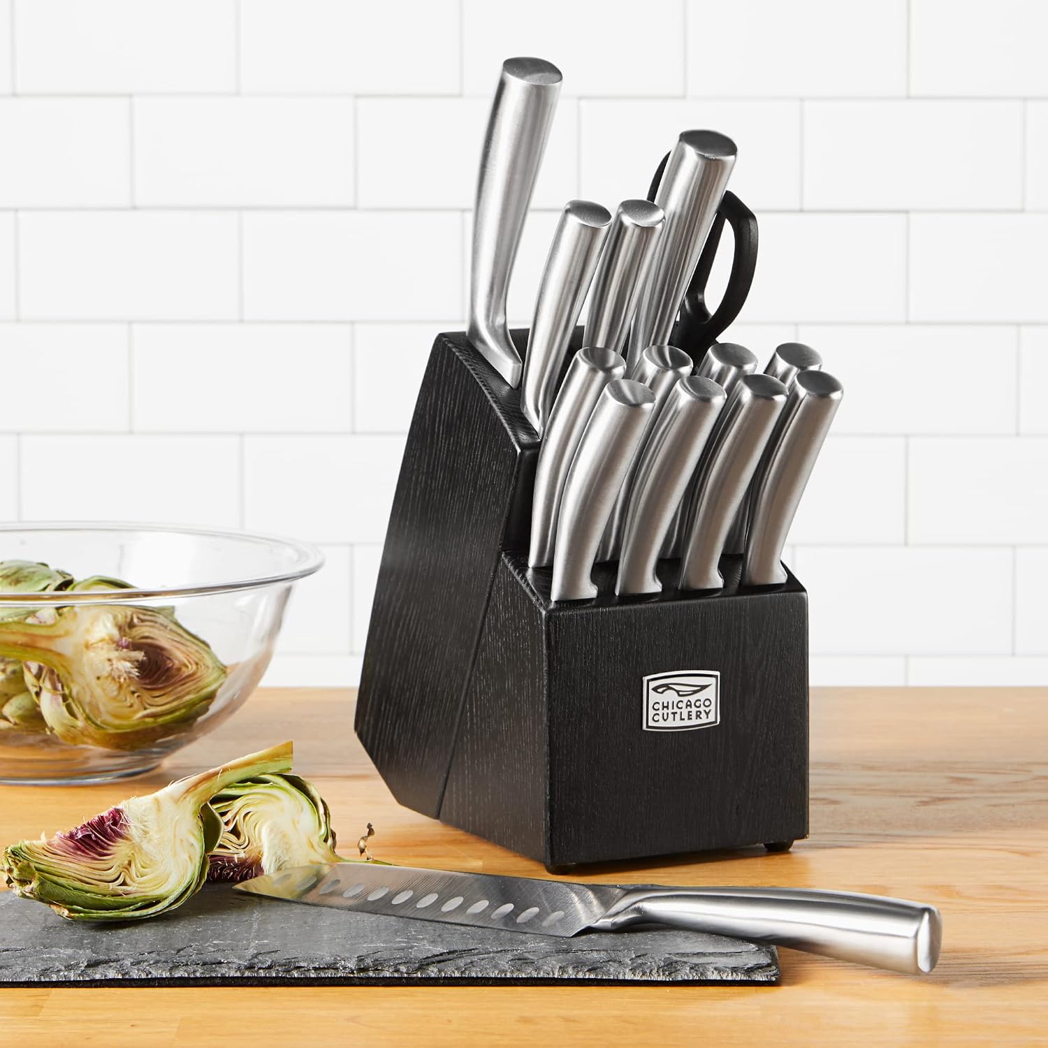 Chicago Cutlery Malden (16-PC) Kitchen Knife Block Set With Wooden Block & Built-In Sharpener, Contoured Handles and Sharp Stainless Steel Professional Chef Knife Set & Scissors