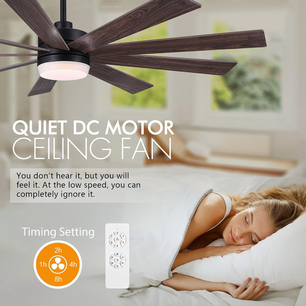 LEDLUX 84' Ceiling Fan with Light, 6-Speed Remote Control, Reversible DC Motor, Modern 9 Blades with 4.5'/12'/24' Downrods for Home or Commercial Black/Walnut