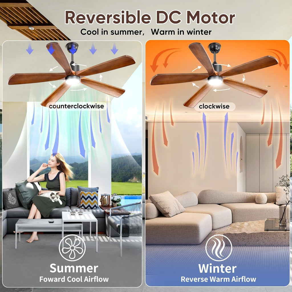 70 Inch Ceiling Fan with Light - 5 Walnut Wood Blades, UL Damp Rated for Indoor & Outdoor, 3 Color LED (3000K-6500K), DC Motor, 6-Speed Reversible Remote, Farmhouse Bedroom