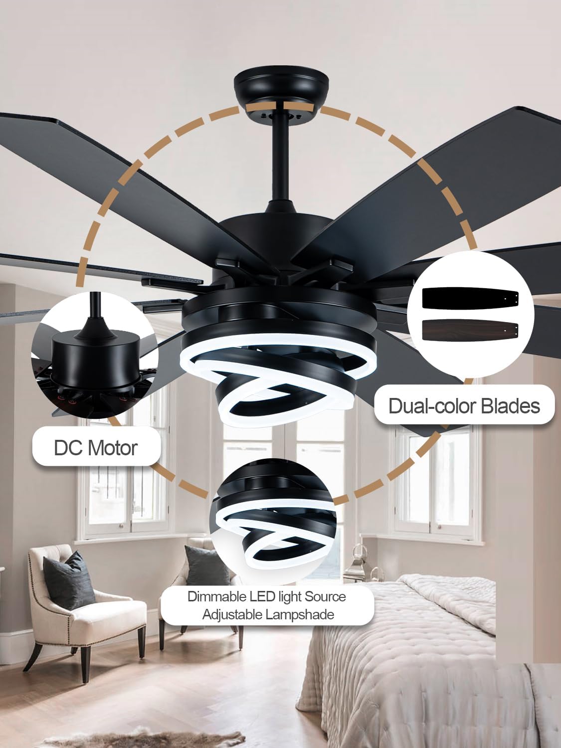 72 Inch Black Ceiling Fan with Lights and Remote Modern Fandelier Ceiling Fan Large Chandelier LED Light, Reversible Quiet DC Motor 3CCT Dimmable 6 Speed for Living Room Indoor Outdoor