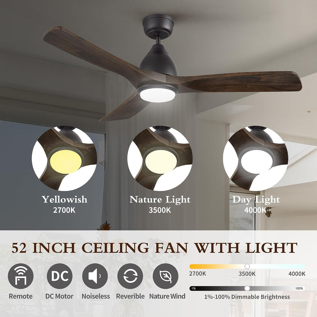 48' Smart Low Profile Ceiling Fans with Dimmable Lights Remote,Quiet BLDC Motor,Outdoor Indoor Downrod Mount Ceiling Fan,Control with WIFI Alexa App,3 Walnut Solid Wood Blades,for Modern Bedroom