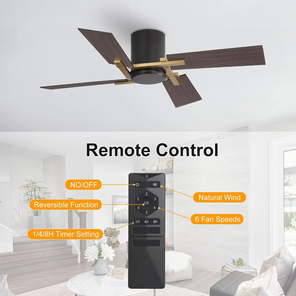 WINGBO 48 Inch Flush Mount Ceiling Fan without Light - 4 Plywood Blades, 6-Speed Reversible DC Motor, Noiseless Low Profile Ceiling Fan No Light for Bedroom Living Room, Gold and Black/Walnut