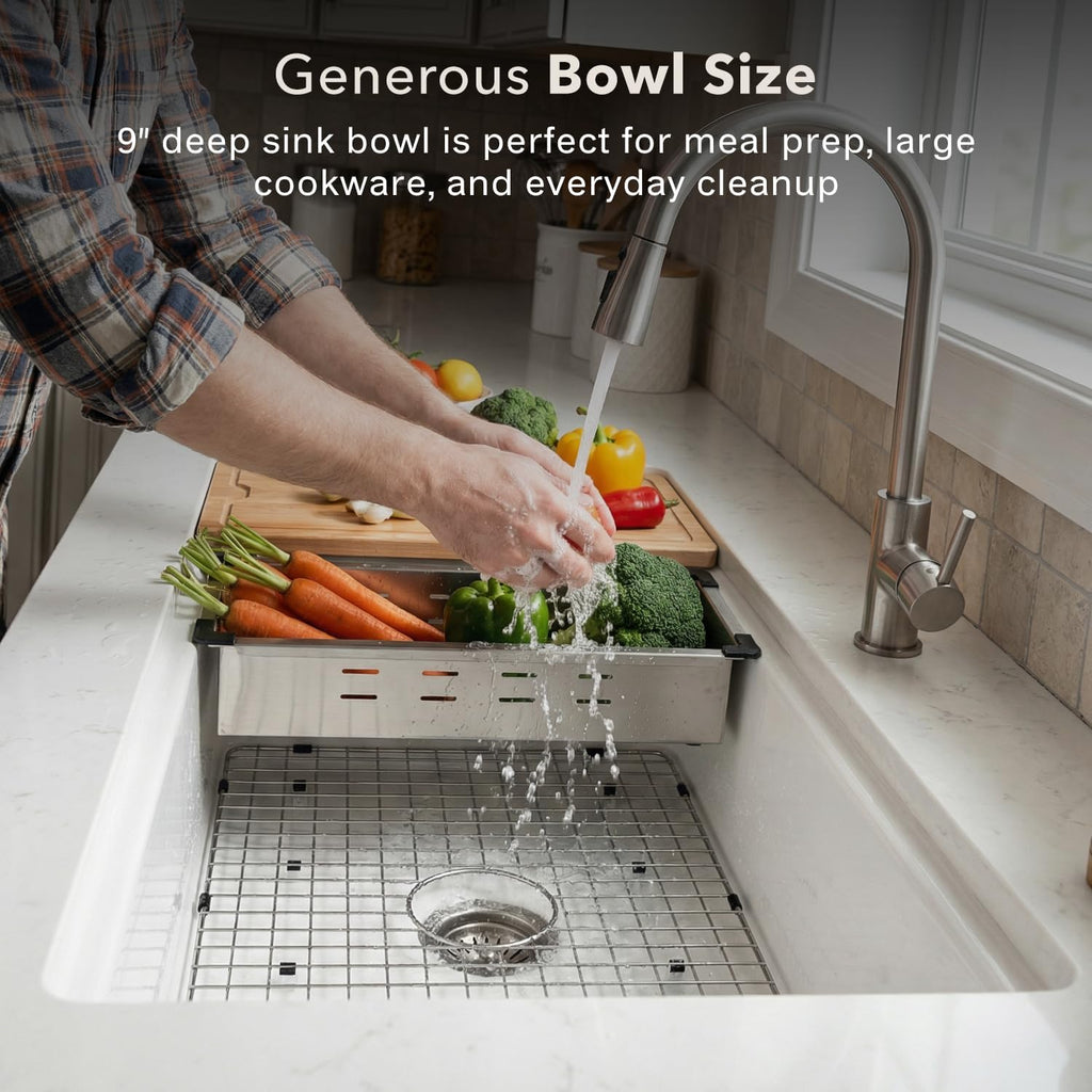 Houzer Aspire White Fireclay Workstation Sink: 33 Inch Farmhouse Apron Front Single Bowl with Accessories, Durable & Versatile, Essential for Home & Apartment: PTW-3320S WH