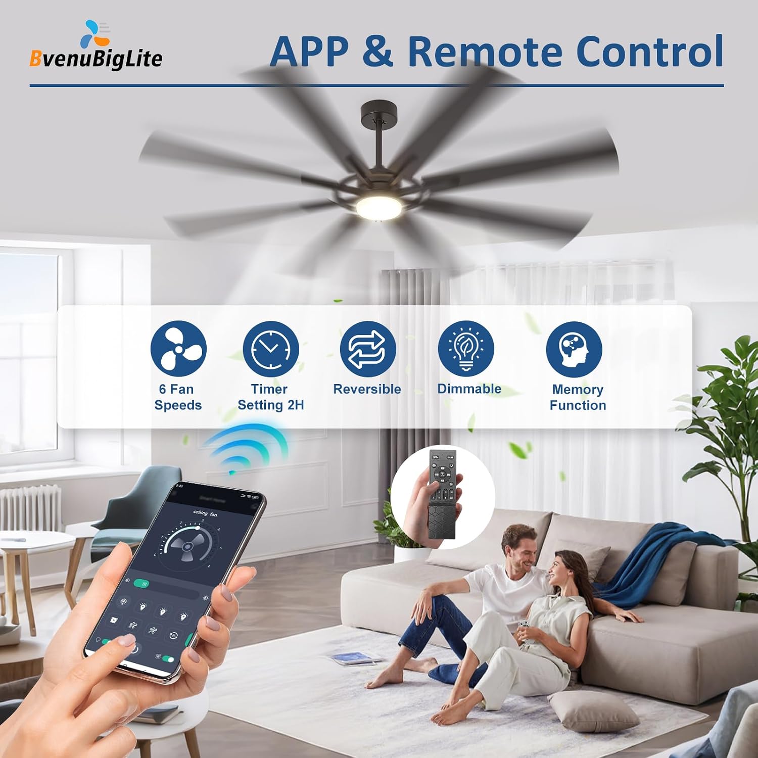 Large Ceiling Fans with Lights: Modern 66 Inch 8 Blade Outdoor Ceiling Fan with Remote APP Control - Dimmable Black Big Fan light Indoor Reversible 6 Speed Quiet DC Motor