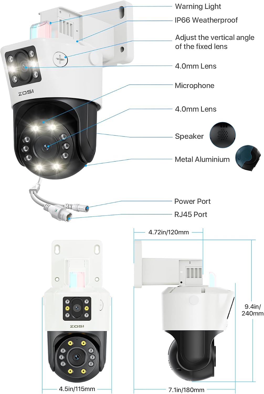ZOSI 2 x C298 Pro 4K 8MP Dual-Lens(2x4MP) Add-on Security PoE IP Camera Outdoor, 360 View PT Camera, Person/Vehicle Detect, Spotlight Siren Alarms, Color Night Vision,Only Work with ZOSI PoE NVR