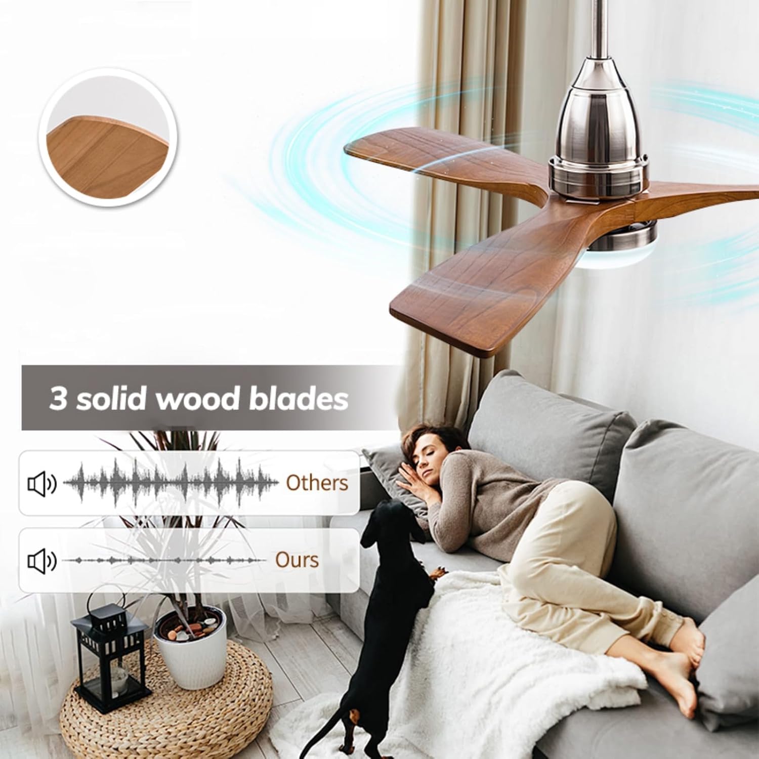 Solid Wood Ceiling Fan with Lights Modern Indoor Outdoor Ceiling Fan with Remote Control 6 Speed Quiet Reversible DC Motor 3 Color LED Light 3 Blade Walnut Ceiling Fan for Patio Living Room (52inch)