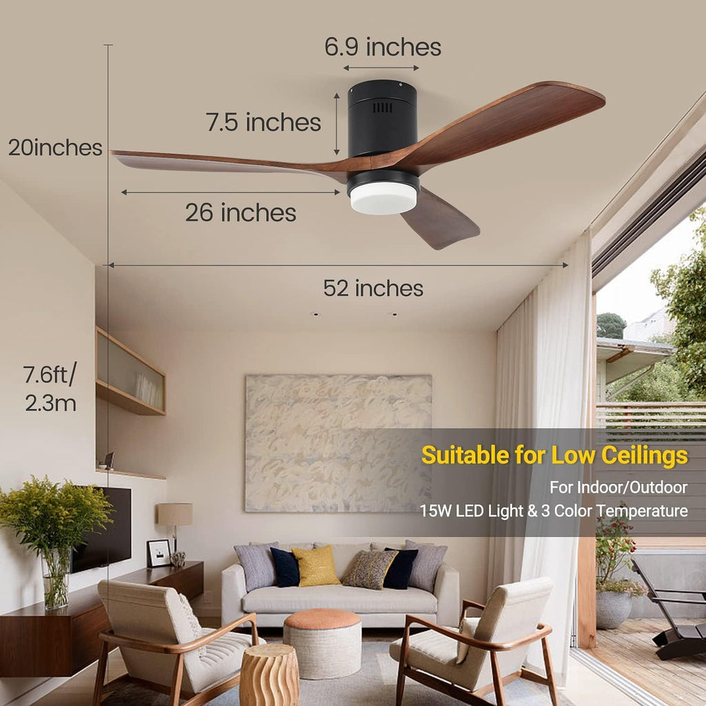 Ceiling Fans with Lights, 52' Wood Ceiling Fan with Remote Control, 3 Walnut Fan Blades Reversible Quiet DC Motor 6 Speeds Timing Farmhouse Ceiling Fan for Bedroom/Living Room/Study/Porch
