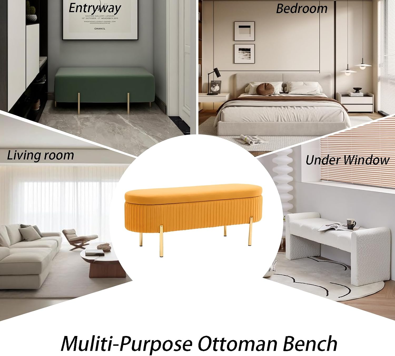 Velvet Storage Bench for Bedroom Upholstered End of Bed Bench Modern Ottoman with Gold Legs for Living Room/WindowEntryway (Mustard Yellow, Oval-45.5' W)