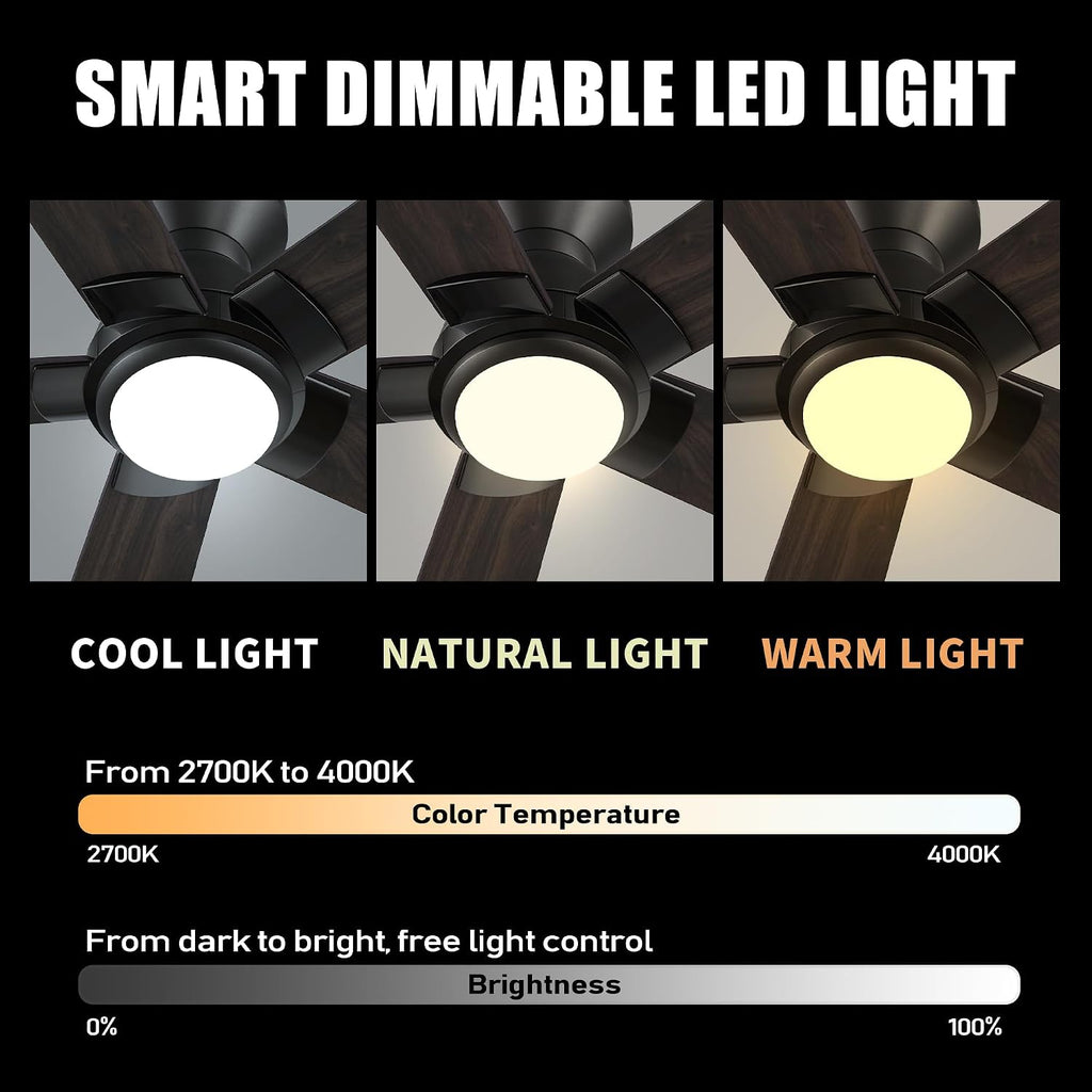 CEME Smart 48' Ceiling Fans with Lights Flush Mount, 3 Light Colors Dimmable, 10 Speeds DC Ceiling Fan with Remote, Outdoor Ceiling Fan Compatible with Alexa, Siri & Google Home, Wood & Dark Walnut