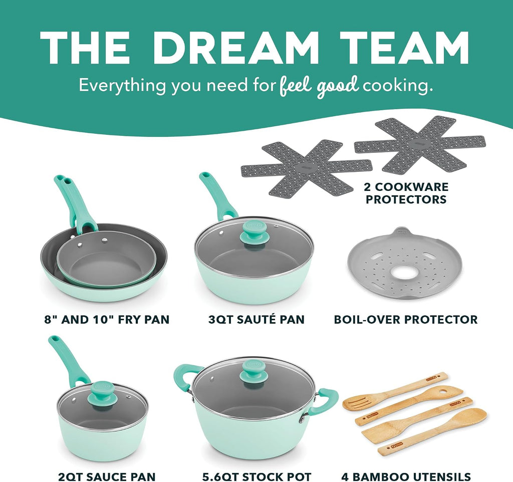Dash Dream Green Recycled Aluminum Cookware Set - Ceramic Cookware Set - CleanCoating™ Nonstick Coating - Induction Compatible and Oven Safe - Aqua, 15-Piece Set