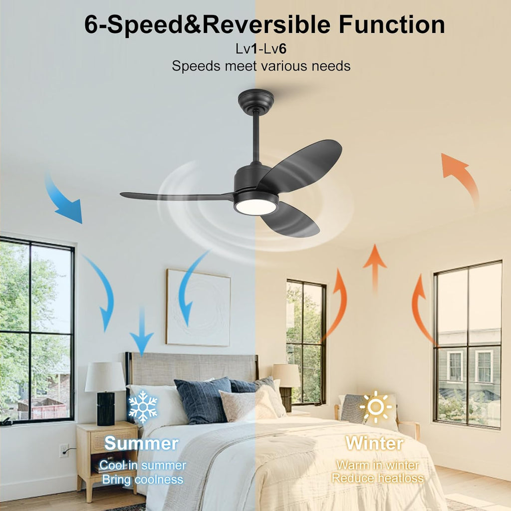 WINGBO 42' Outdoor Ceiling Fans with Lights, Wet Rated Waterproof Indoor Ceiling Fan with Remote, 3 ABS Blades Modern Ceiling Fan,3CCT Quiet 6-Speed DC Motor, for Porch Patios Bathroom, Black