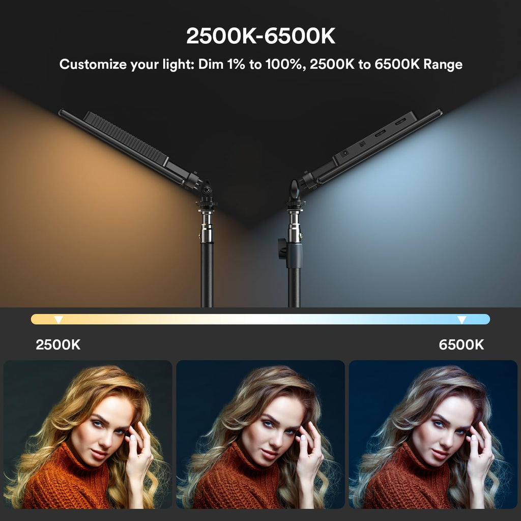 RALENO 13' Edge-Lit LED Video Light Panel Kit (2-Pack), Bi-Color 2500K-6500K Soft Studio Lights with CRI 95+, 75' Stand & 8000mAh Battery, Photography Light for Streaming/Zoom/YouTube/Makeup