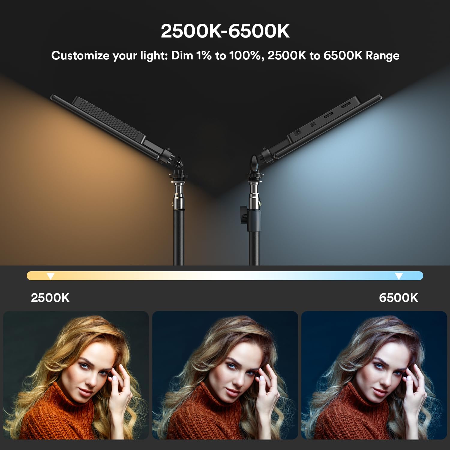 RALENO 13' Edge-Lit LED Video Light Panel Kit (2-Pack), Bi-Color 2500K-6500K Soft Studio Lights with CRI 95+, 75' Stand & 8000mAh Battery, Photography Light for Streaming/Zoom/YouTube/Makeup
