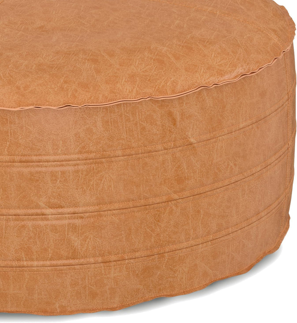 SIMPLIHOME Brody Round Coffee Table Pouf - 32 inch Wide Upholstered Vegan Leather Ottoman in Distressed Brown, Boho Footstool or Extra Seating for Living Room with Polystyrene Filling, Assembled