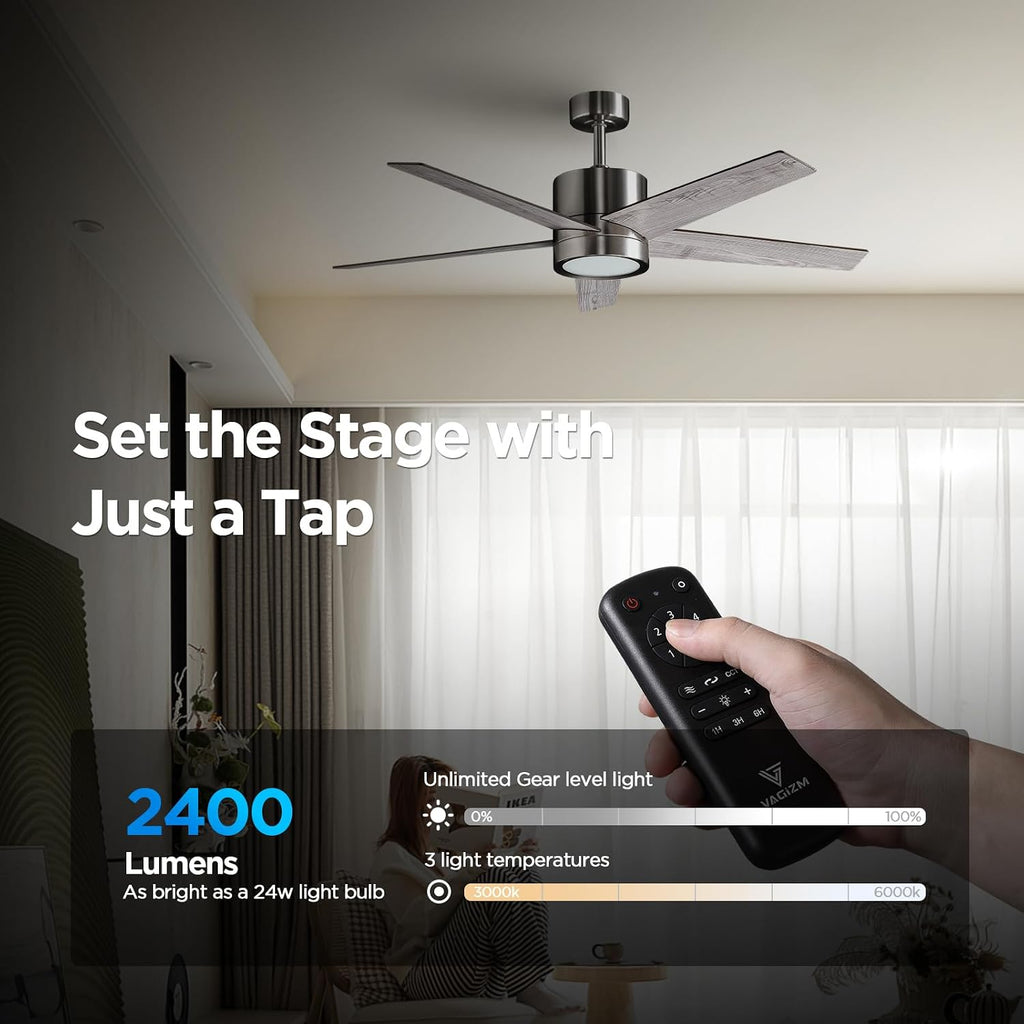 52 Inch Ceiling Fan Brushed Nickel Remote Controlled Dimmable Light Combo - Quiet Reversible DC Motor - 5 Blades