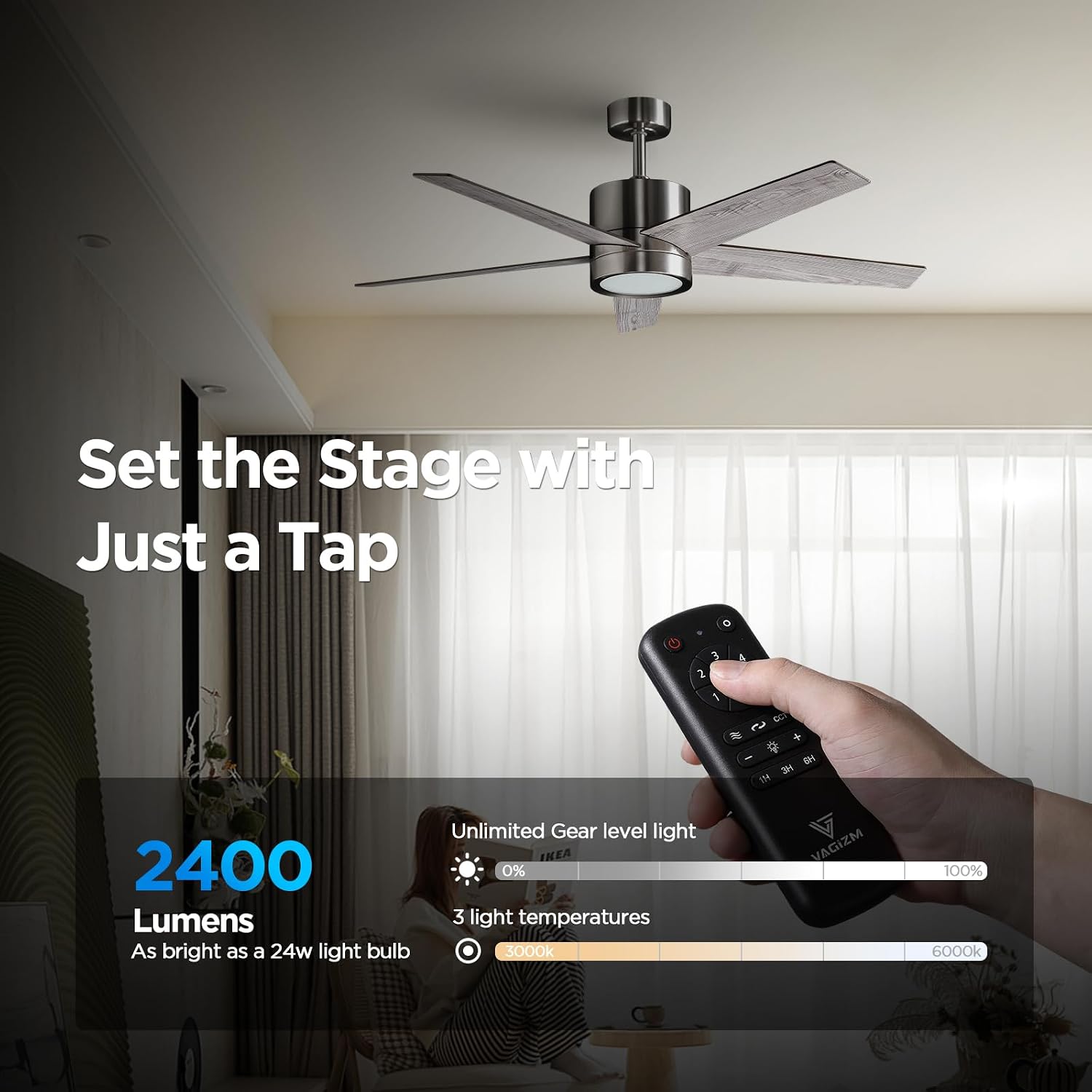 52 Inch Ceiling Fan Brushed Nickel Remote Controlled Dimmable Light Combo - Quiet Reversible DC Motor - 5 Blades