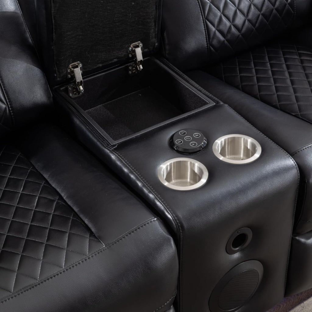 KEIKI Power Reclining Sofa Set with 1 Oversized Technical Leather Loveseat Sofa, Electric Control 2 Seat Couch Set with Cup Holder, Storage Armrest for Living Room, Black