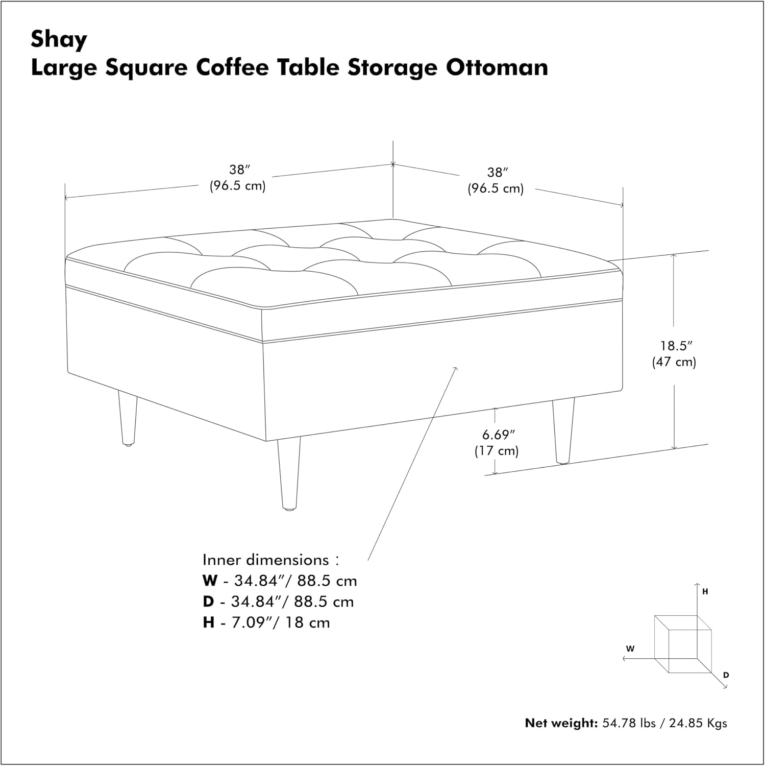 SIMPLIHOME Shay 38 inch Wide Mid Century Modern Large Square Coffee Table Storage Ottoman in Distressed Black Vegan Faux Leather, Assembled, for the Living Room and Entryway