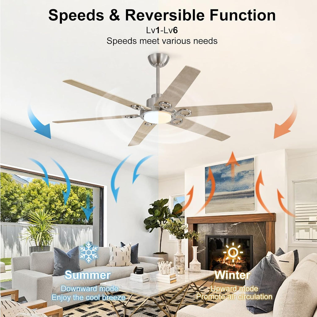 WINGBO Ceiling Fan with Lights - 64 inch Ceiling Fan with Remote,3CCT, Dimmable Light,6 Blades Modern Ceiling Fan, 6-Speed Noiseless Powerful DC Motor, ETL Listed, Indoor/Outdoor， Nickel + Light Wood