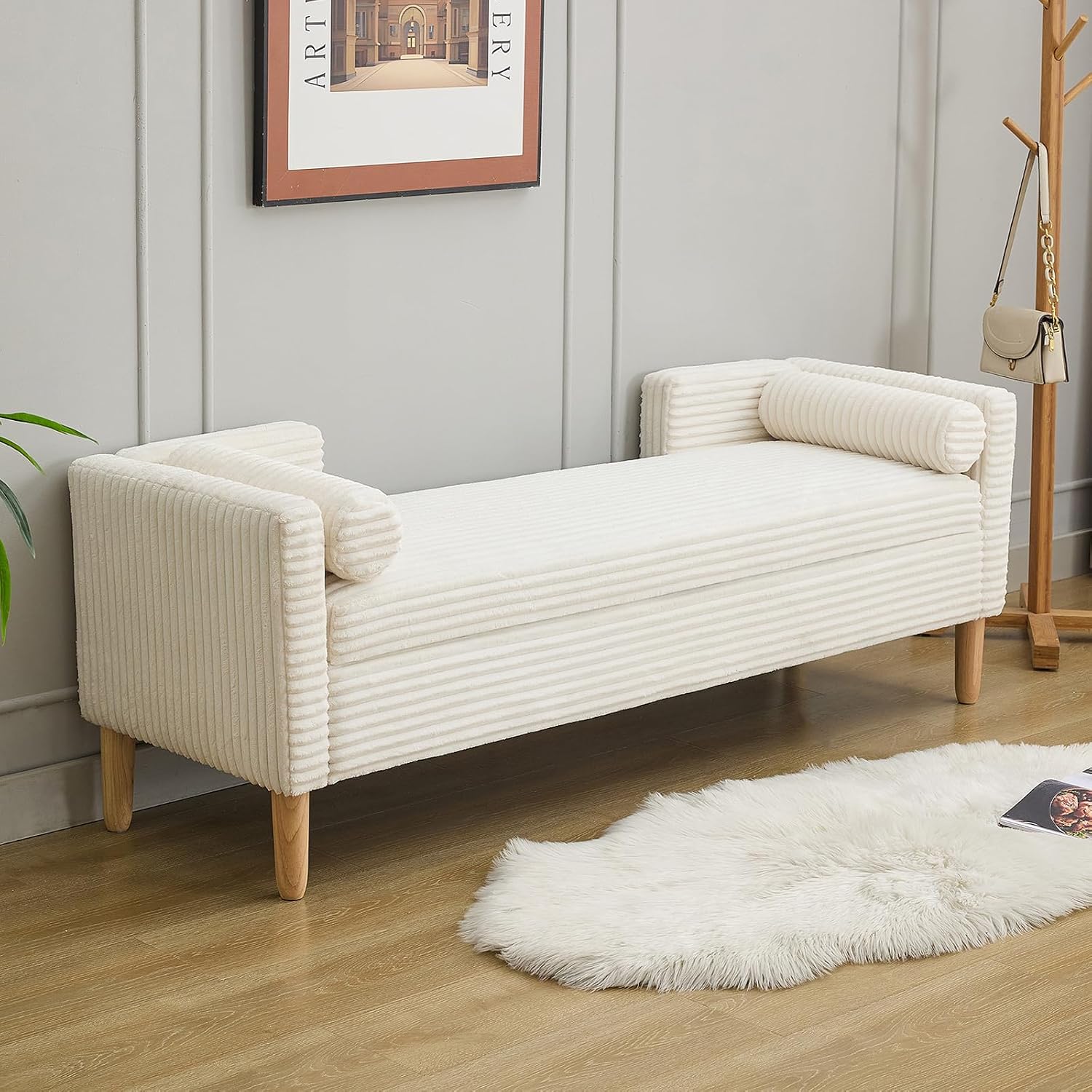 NIOIIKIT 65' Large Storage Ottoman Bench with 2 Pillows, Corduroy Upholstered Entryway Bench with Wood Leg, End of Bed Bench with Straight Armrest, Window Bench for Bedroom, Entryway (White)