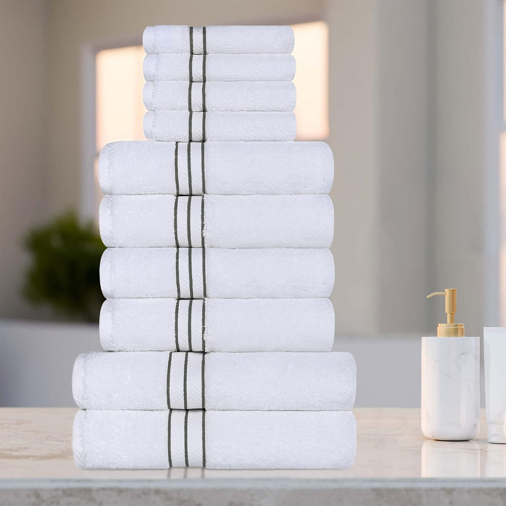 Superior Hotel Turkish Cotton 10 Piece Towel Set, Ultra Plush Spa Quality Heavyweight Essentials for Bathroom, Thick Absorbent and Soft, Dobby Border, Includes 2 Bath 4 Hand 4 Washcloths, Charcoal