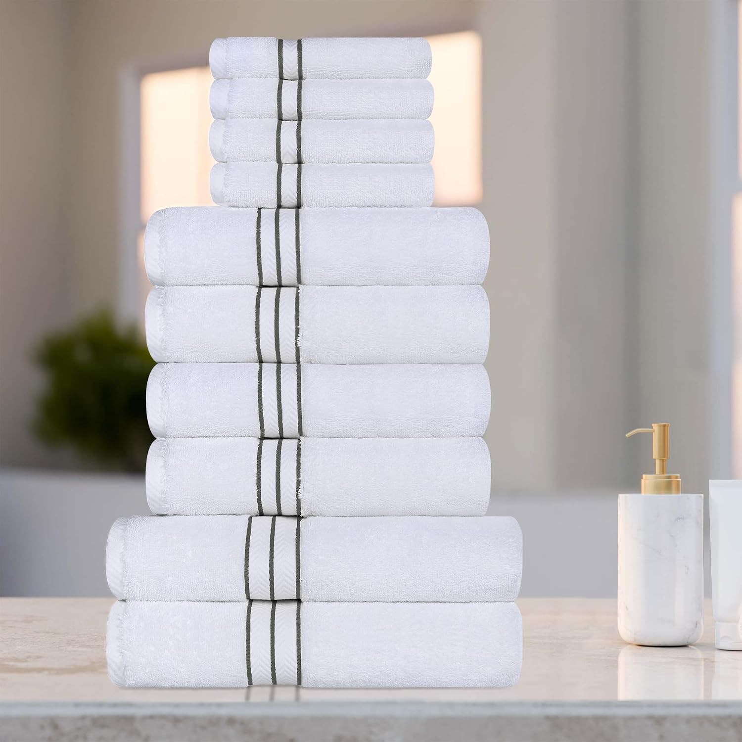 Superior Hotel Turkish Cotton 10 Piece Towel Set, Ultra Plush Spa Quality Heavyweight Essentials for Bathroom, Thick Absorbent and Soft, Dobby Border, Includes 2 Bath 4 Hand 4 Washcloths, Charcoal
