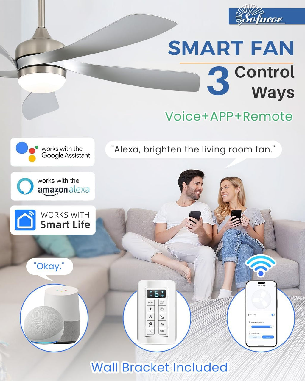 Sofucor 52' Smart Ceiling Fan, Indoor/Outdoor Ceiling Fans with Lights and Remote, Compatible with Alexa/Google/App, 3-Color Light 6-Speed Timing Reversible DC Motor for Bedroom Living Room Patio