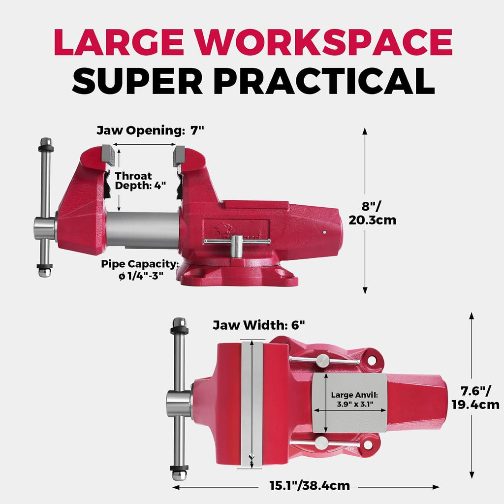 Forward Round Bench Vise 6 Inch Heavy Duty, 1760 Economic Industrial Vice with 360° Swivel Base, 6' Jaw Width, 7' Max Jaw Opening, 4' Throat Depth 72,000PSI Ductile Iron