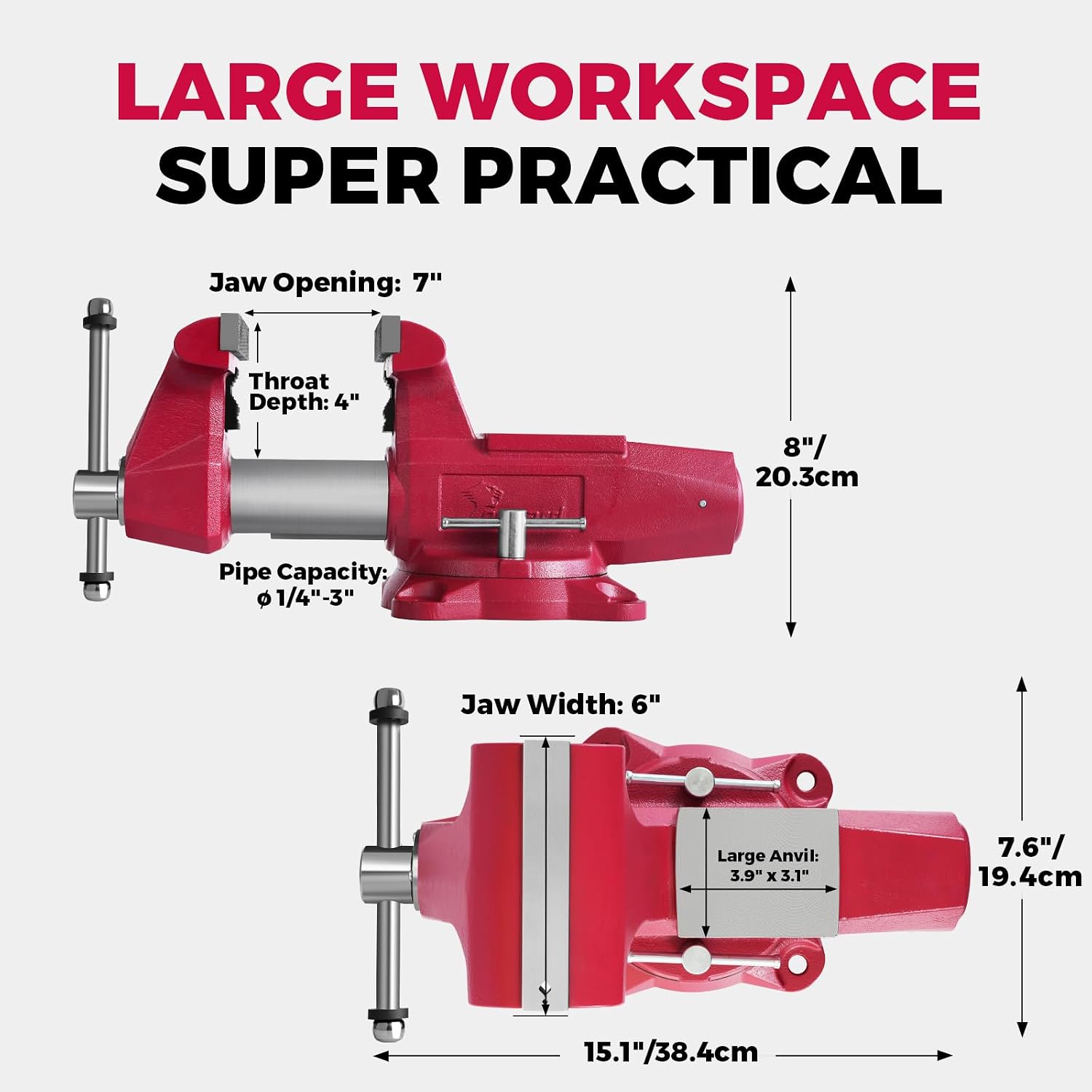 Forward Round Bench Vise 6 Inch Heavy Duty, 1760 Economic Industrial Vice with 360° Swivel Base, 6' Jaw Width, 7' Max Jaw Opening, 4' Throat Depth 72,000PSI Ductile Iron
