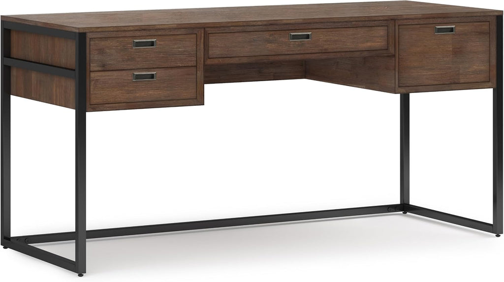 SIMPLIHOME Richmond Desk - 60 Inch Wide Solid Acacia Wood and Metal Writing Desk in Rustic Natural Aged Brown, Modern Industrial Home Office Computer Table with 2 Drawers and Flip-Down Keyboard Tray