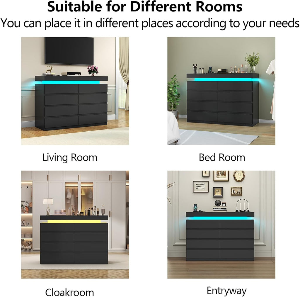 Gyfimoie 8 Drawer Dresser with Power Outlet, Dresser with LED Light, Modern Chest of Drawers for Closet, Double Wide Drawer Organizer Cabinet for Bedroom, Living Room (Black, 8 Drawers)