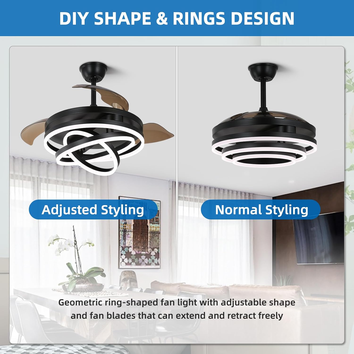 Retractable Ceiling Fan with Lights and Remote/APP Control,Dimmable,Timer Setting,6 Speed,42 Inch Modern Chandelier Ceiling Fan for Bedroom/Living Room/Kitchen/Kis Room/Patio