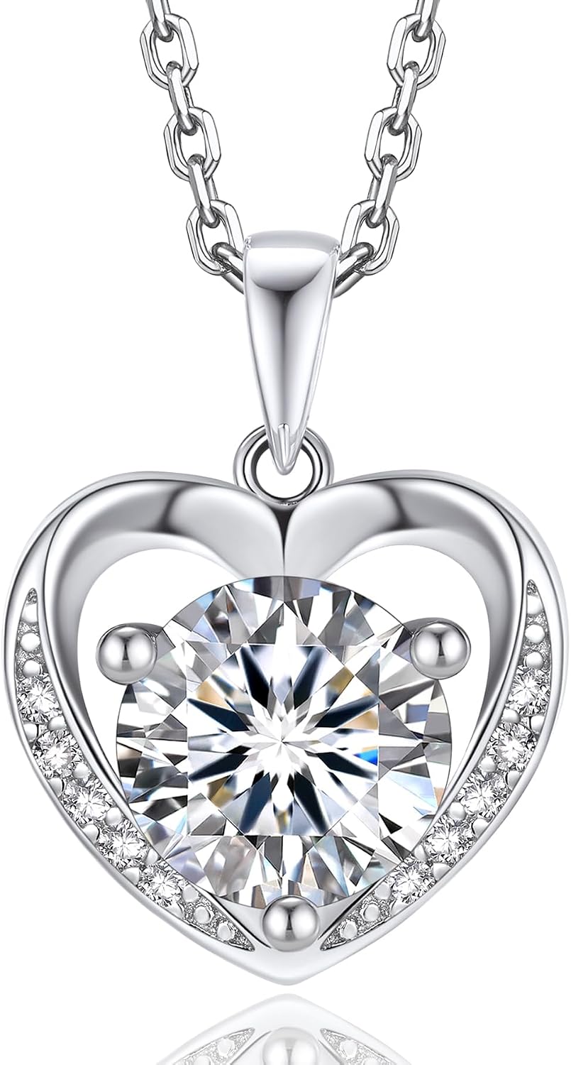 MomentWish Heart Necklace for Women Moissanite, Simulated Diamond, 925 Sterling Silver