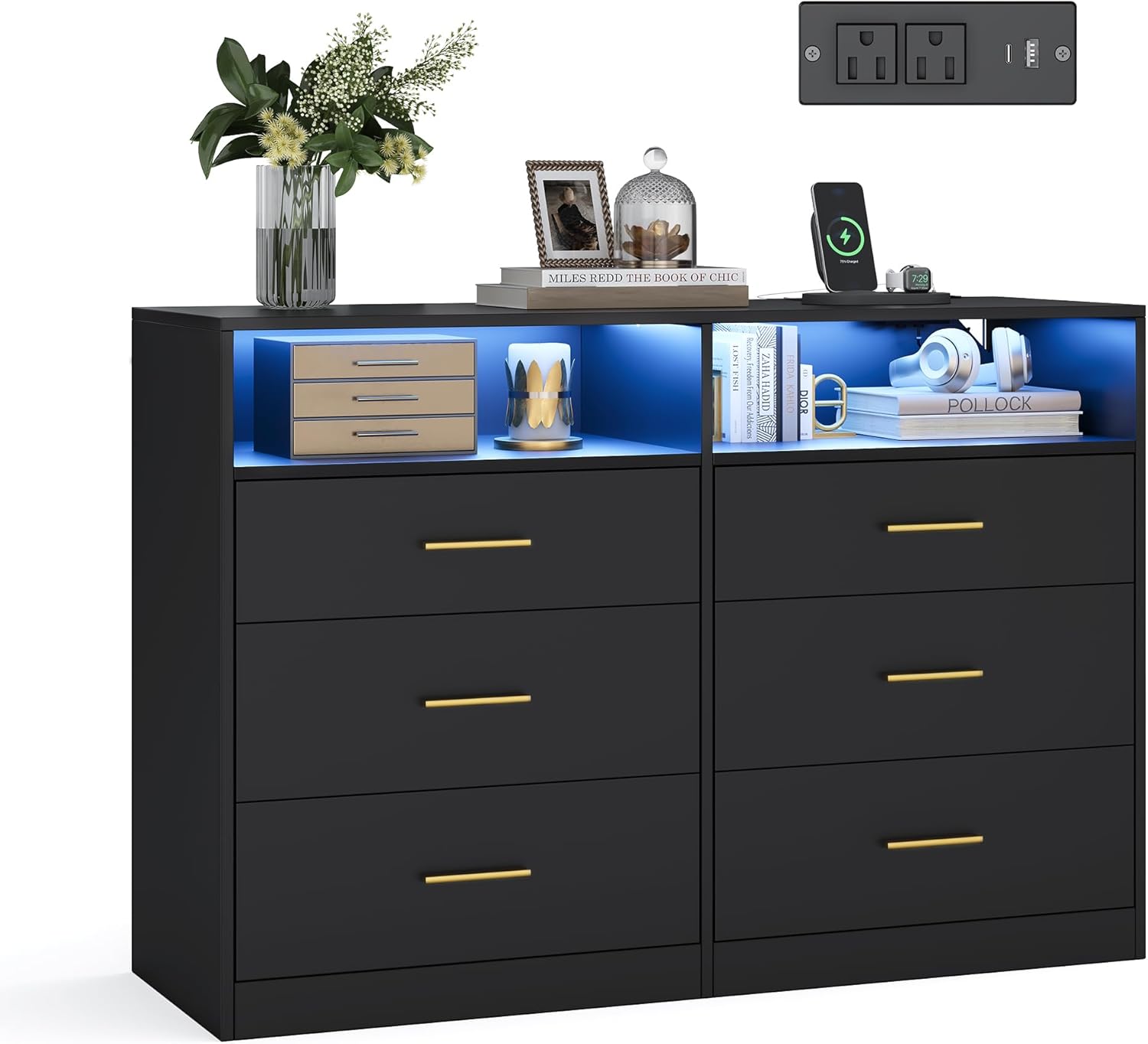 VASAGLE Custos Collection - Dresser for Bedroom, with LED Lights and Power Strip, Chest of Drawers, Modern, TV Stand for Living Room, 6 Drawers, 15.8 x 46.9 x 32 Inches, Ink Black ULTS316BC01S