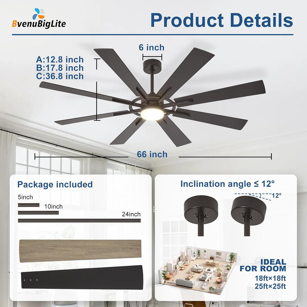Large Ceiling Fans with Lights: Modern 66 Inch 8 Blade Outdoor Ceiling Fan with Remote APP Control - Dimmable Black Big Fan light Indoor Reversible 6 Speed Quiet DC Motor