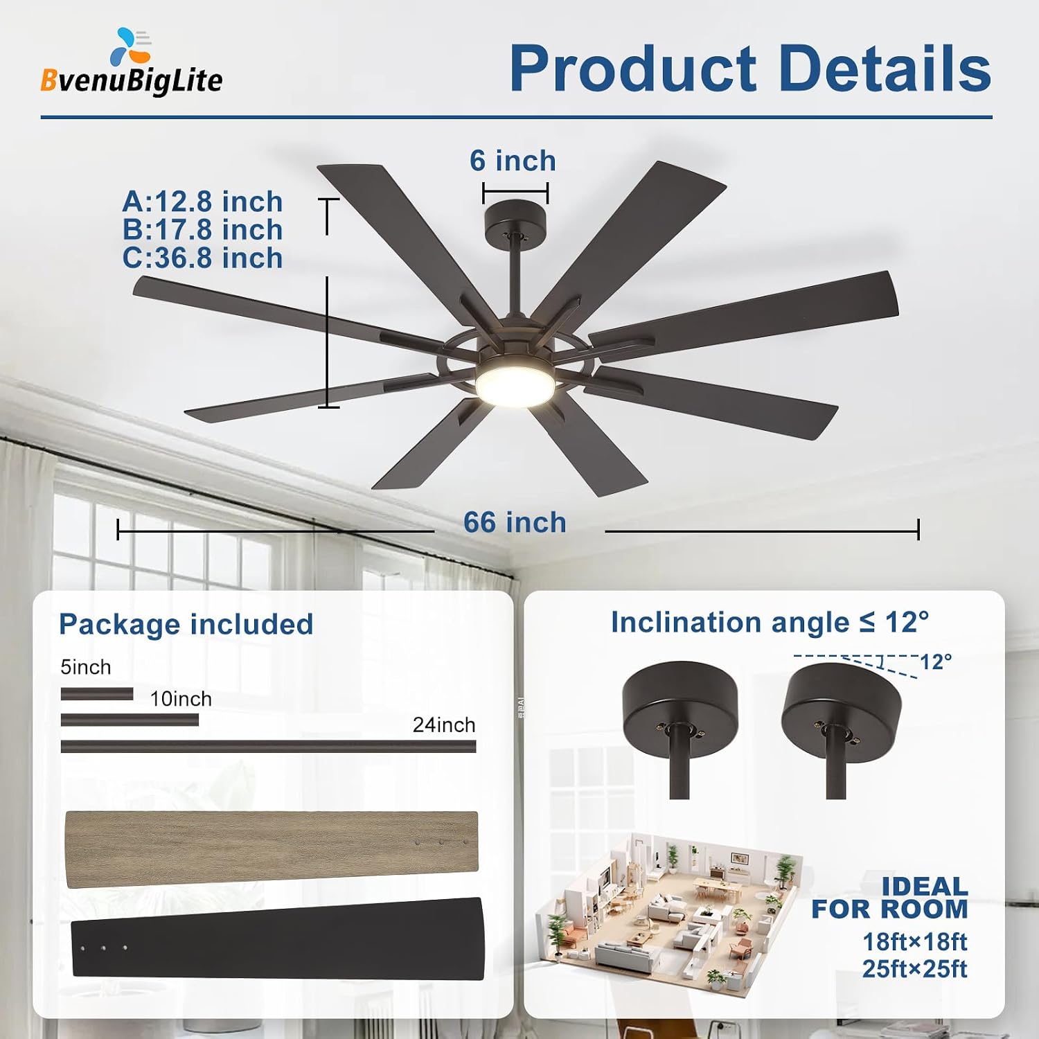Large Ceiling Fans with Lights: Modern 66 Inch 8 Blade Outdoor Ceiling Fan with Remote APP Control - Dimmable Black Big Fan light Indoor Reversible 6 Speed Quiet DC Motor